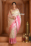Festive Edit! Ganga Ghat ~ Handloom Pure Kora Silk  Saree in Champagne and Pink ( Silk Mark Certified )