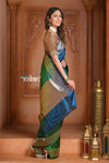 Festive Edit! Ganga Ghat ~ Handloom Pure Silk Satin Saree in Shades of Green and Blue ( Silk Mark Certified)