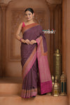 Festive Edit! Ganga Ghat ~ Handloom Pure Kora Crepe Silk Jaal Saree in Dark Maroon Purple and Pink ( Silk Mark Certified)