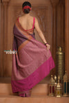 Festive Edit! Ganga Ghat ~ Handloom Pure Kora Crepe Silk Jaal Saree in Dark Maroon Purple and Pink ( Silk Mark Certified)
