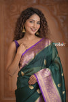 Festive Edit! Ganga Ghat ~ Handloom Pure Kora Silk Saree in Green and Purple ( Silk Mark Certified )