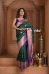 Festive Edit! Ganga Ghat ~ Handloom Pure Kora Silk Saree in Green and Purple ( Silk Mark Certified )