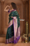 Festive Edit! Ganga Ghat ~ Handloom Pure Kora Silk Saree in Green and Purple ( Silk Mark Certified )