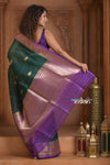 Festive Edit! Ganga Ghat ~ Handloom Pure Kora Silk Saree in Green and Purple ( Silk Mark Certified )