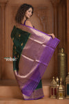 Festive Edit! Ganga Ghat ~ Handloom Pure Kora Silk Saree in Green and Purple ( Silk Mark Certified )