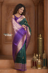 Festive Edit! Ganga Ghat ~ Handloom Pure Kora Silk Saree in Green and Purple ( Silk Mark Certified )