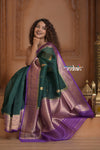 Festive Edit! Ganga Ghat ~ Handloom Pure Kora Silk Saree in Green and Purple ( Silk Mark Certified )