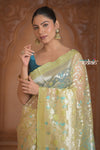 Festive Edit! Ganga Ghat ~ Handloom Pure Kora Silk Saree in Pistachio Gold ( Silk Mark Certified )