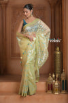 Festive Edit! Ganga Ghat ~ Handloom Pure Kora Silk Saree in Pistachio Gold ( Silk Mark Certified )