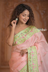 Festive Edit! Ganga Ghat ~ Handloom Pure Kora Silk Saree in Pastel Peach ( Silk Mark Certified )