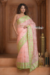Festive Edit! Ganga Ghat ~ Handloom Pure Kora Silk Saree in Pastel Peach ( Silk Mark Certified )