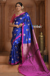 Festive Edit! Ganga Ghat ~ Handloom Pure Silk Katan Saree in Marine Blue and Pink (Silk Mark Certified )