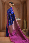 Festive Edit! Ganga Ghat ~ Handloom Pure Silk Katan Saree in Marine Blue and Pink (Silk Mark Certified )
