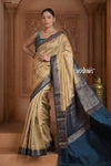 Festive Edit! Ganga Ghat ~ Handloom Pure Silk Chiniya Saree in Stale Ivory and Blue ( Silk Mark Certified)