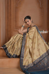 Festive Edit! Ganga Ghat ~ Handloom Pure Silk Chiniya Saree in Stale Ivory and Blue ( Silk Mark Certified)