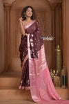 Festive Edit! Ganga Ghat ~ Handloom Kota Silk Jaal Saree with Contrast Pallu in Dark Maroon and Pink (Silk Mark Certified)
