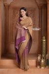 Festive Edit! Ganga Ghat ~ Handloom Silk Georgette Crepe Saree with Brocade Work with Orange and Purple