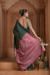 Festive Edit! Ganga Ghat ~ Handloom Pure Silk Tussar Saree in Dark Green and Pink ( Silk Mark Certified )