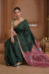 Festive Edit! Ganga Ghat ~ Handloom Pure Silk Tussar Saree in Dark Green and Pink ( Silk Mark Certified )