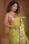 Festive Edit! Ganga Ghat ~ Handloom Kota Silk Jaal Saree with Contrast Pallu in Leaf Green and Pink (Silk Mark Certified)
