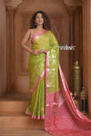 Festive Edit! Ganga Ghat ~ Handloom Kota Silk Jaal Saree with Contrast Pallu in Leaf Green and Pink (Silk Mark Certified)