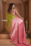 Festive Edit! Ganga Ghat ~ Handloom Kota Silk Jaal Saree with Contrast Pallu in Leaf Green and Pink (Silk Mark Certified)
