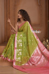 Festive Edit! Ganga Ghat ~ Handloom Kota Silk Jaal Saree with Contrast Pallu in Leaf Green and Pink (Silk Mark Certified)