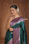 Festive Edit! Ganga Ghat ~ Handloom Pure Kora Silk Saree in Dark Green and Purple ( Silk Mark Certified )