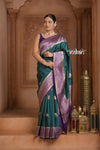Festive Edit! Ganga Ghat ~ Handloom Pure Kora Silk Saree in Dark Green and Purple ( Silk Mark Certified )