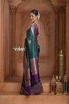 Festive Edit! Ganga Ghat ~ Handloom Pure Kora Silk Saree in Dark Green and Purple ( Silk Mark Certified )