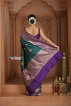 Festive Edit! Ganga Ghat ~ Handloom Pure Kora Silk Saree in Dark Green and Purple ( Silk Mark Certified )