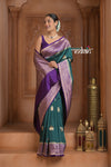 Festive Edit! Ganga Ghat ~ Handloom Pure Kora Silk Saree in Dark Green and Purple ( Silk Mark Certified )