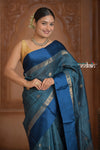 Festive Edit! Ganga Ghat ~ Handloom Pure Silk Tussar Saree in Marine Blue ( Silk Mark Certified )