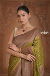 Festive Edit! Ganga Ghat ~ Handloom Pure Silk Chiffon Georgette Saree in Leaf Green and Brown (Silk Mark Certified)
