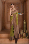 Festive Edit! Ganga Ghat ~ Handloom Pure Silk Chiffon Georgette Saree in Leaf Green and Brown (Silk Mark Certified)