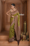 Festive Edit! Ganga Ghat ~ Handloom Pure Silk Chiffon Georgette Saree in Leaf Green and Brown (Silk Mark Certified)