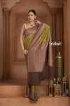 Festive Edit! Ganga Ghat ~ Handloom Pure Silk Chiffon Georgette Saree in Leaf Green and Brown (Silk Mark Certified)