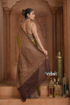 Festive Edit! Ganga Ghat ~ Handloom Pure Silk Chiffon Georgette Saree in Leaf Green and Brown (Silk Mark Certified)