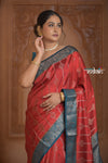 Festive Edit! Ganga Ghat ~ Handloom Pure Silk Chiniya Saree in Red and Ivory Blue ( Silk Mark Certified)
