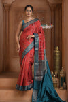 Festive Edit! Ganga Ghat ~ Handloom Pure Silk Chiniya Saree in Red and Ivory Blue ( Silk Mark Certified)