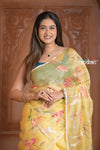 Festive Edit! Ganga Ghat ~ Handloom Pure Kora Silk Saree with Intricate Floral Work in Yellow