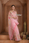 Festive Edit! Ganga Ghat ~ Handloom Linen Silk Saree with Intricate Floral Work in Blush Pink