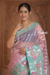 Festive Edit! Ganga Ghat ~ Handloom Pure Kora Silk Saree in Champagne Pink and Blue ( Silk Mark Certified )