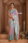 Festive Edit! Ganga Ghat ~ Handloom Pure Kora Silk Saree in Champagne Pink and Blue ( Silk Mark Certified )