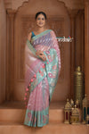 Festive Edit! Ganga Ghat ~ Handloom Pure Kora Silk Saree in Champagne Pink and Blue ( Silk Mark Certified )