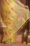 Festive Edit! Ganga Ghat ~ Handloom Pure Kora Silk Saree with Intricate Floral Work in Yellow