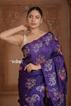 Festive Edit! Ganga Ghat ~ Handwoven Pure Kora Silk  Weave in Blue with Floral Motifs & Horse Embroidered Saree ( Silk Mark Certified )