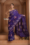 Festive Edit! Ganga Ghat ~ Handwoven Pure Kora Silk  Weave in Blue with Floral Motifs & Horse Embroidered Saree ( Silk Mark Certified )