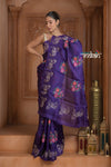 Festive Edit! Ganga Ghat ~ Handwoven Pure Kora Silk  Weave in Blue with Floral Motifs & Horse Embroidered Saree ( Silk Mark Certified )