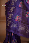 Festive Edit! Ganga Ghat ~ Handwoven Pure Kora Silk  Weave in Blue with Floral Motifs & Horse Embroidered Saree ( Silk Mark Certified )